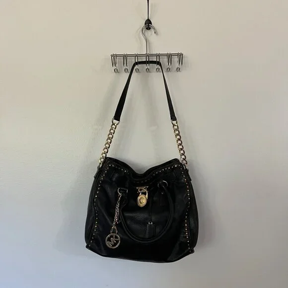 Michael Kors Black Leather Studded Shoulder Bag With Chain Detailing & Gold-Tone - Picture 1 of 7
